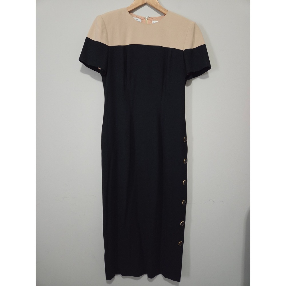 Liz Claiborne Vintage‎ Colorblock Sheath Dress Black Tan Button Detail Size 6